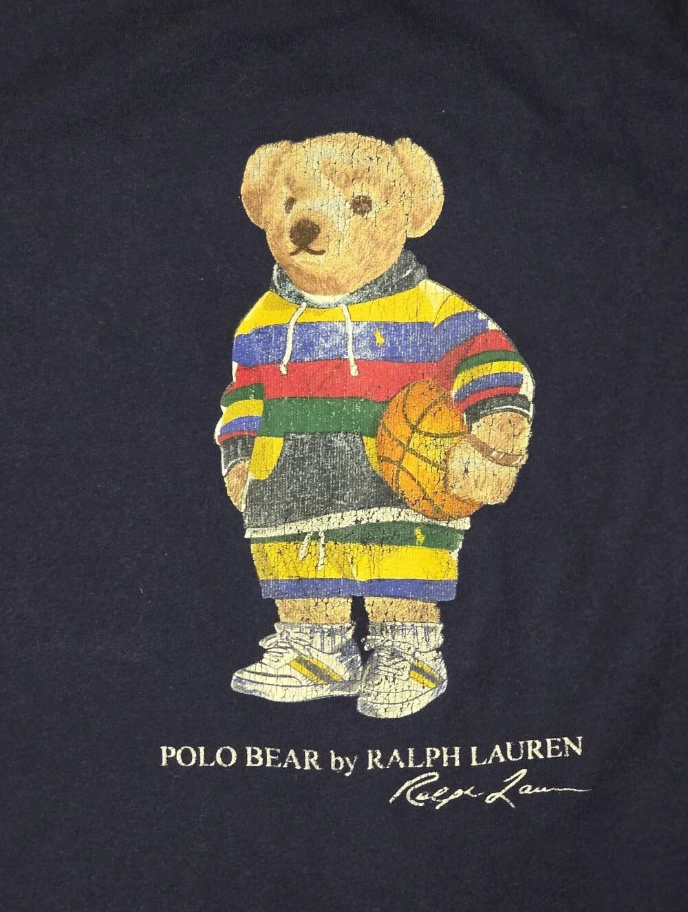 Baby Ralph Lauren Navy Blue Romper with Polo Bear and Red, Yellow, Green Trim